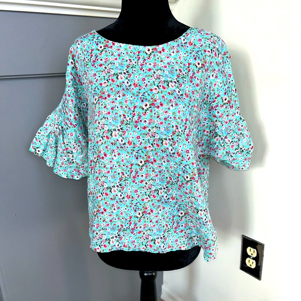 Viola Borghi Size Small Linen Floral Print Flutter Sleeve Blouse Shirt